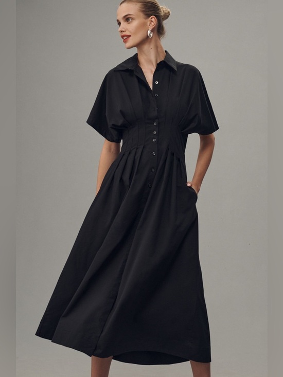 Anthropologie Dresses & Skirts - Anthropologie Tobie Black Button Front Midi Dress with Short Sleeves size small